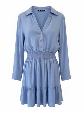 Zara Light Blue/Chanbray Smocked Waist Shirt Dress - Women